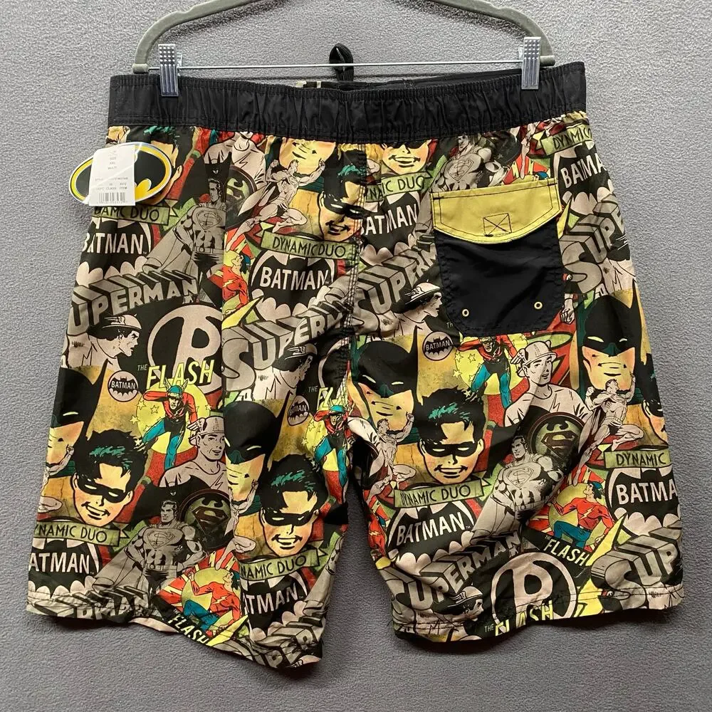 Batman DC Comics Retro Swim Trunks Mens 2XL Superman Flash Lined Pocket‎ Beach